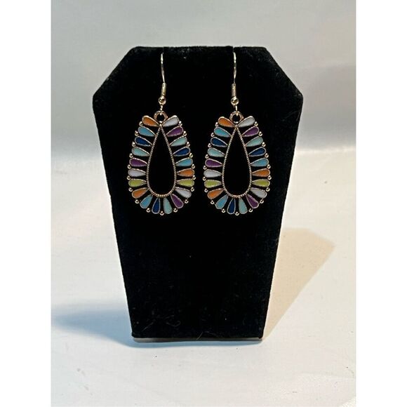 Multi-Color Gold Colored Fish Hook Stud Dangle Earring - Picture 1 of 2